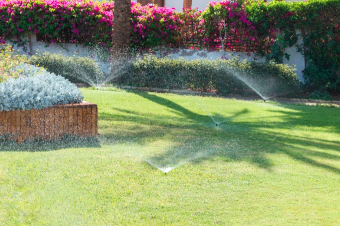 well maintained lawn garden with water sprinkler